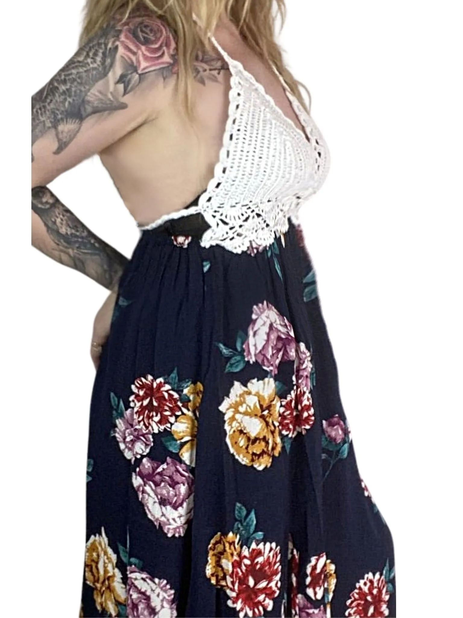 HAZEL Crochet Floral Maxi Dresses 2 colours- Navy Blue, White