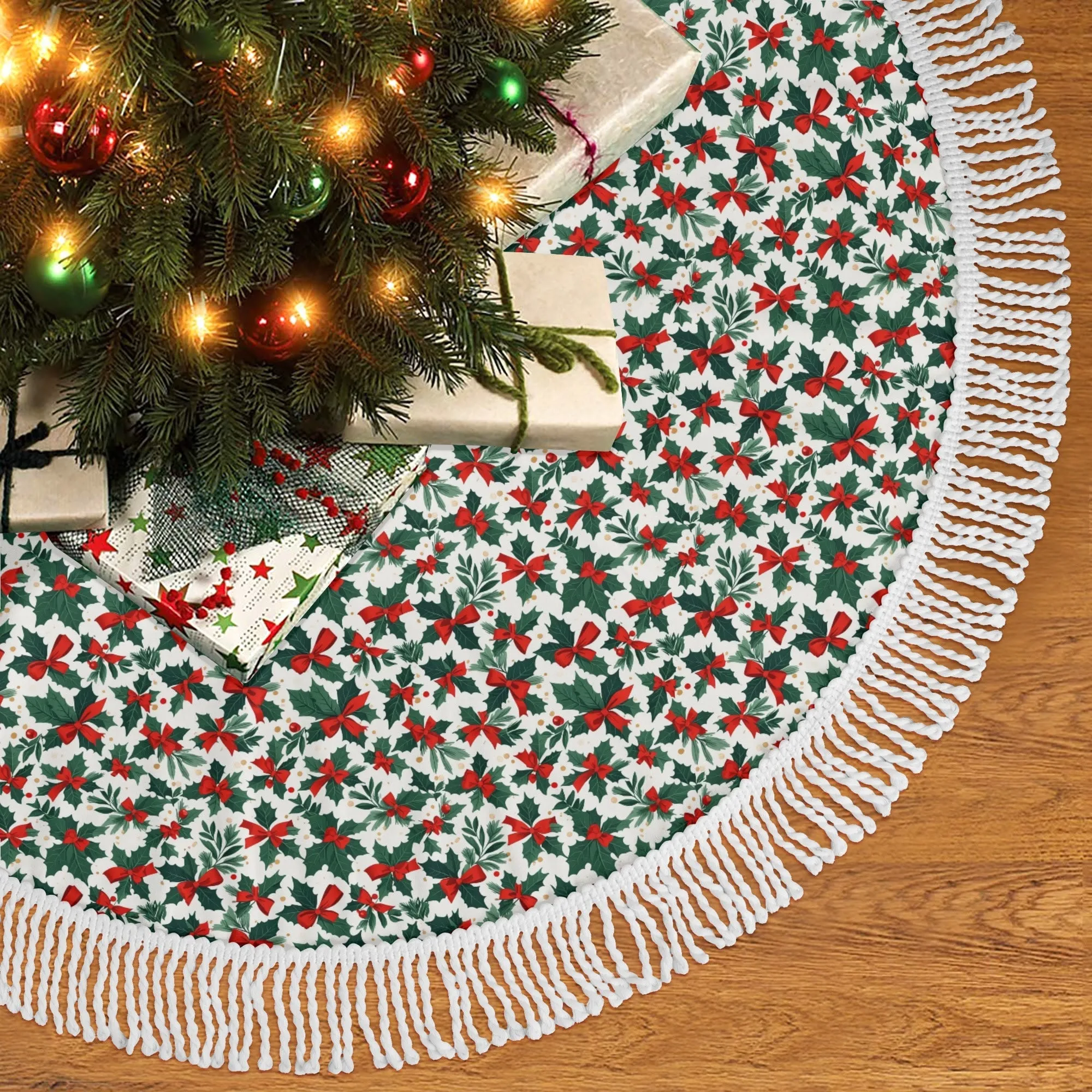 Holly Bow Fringed Christmas Tree Skirts