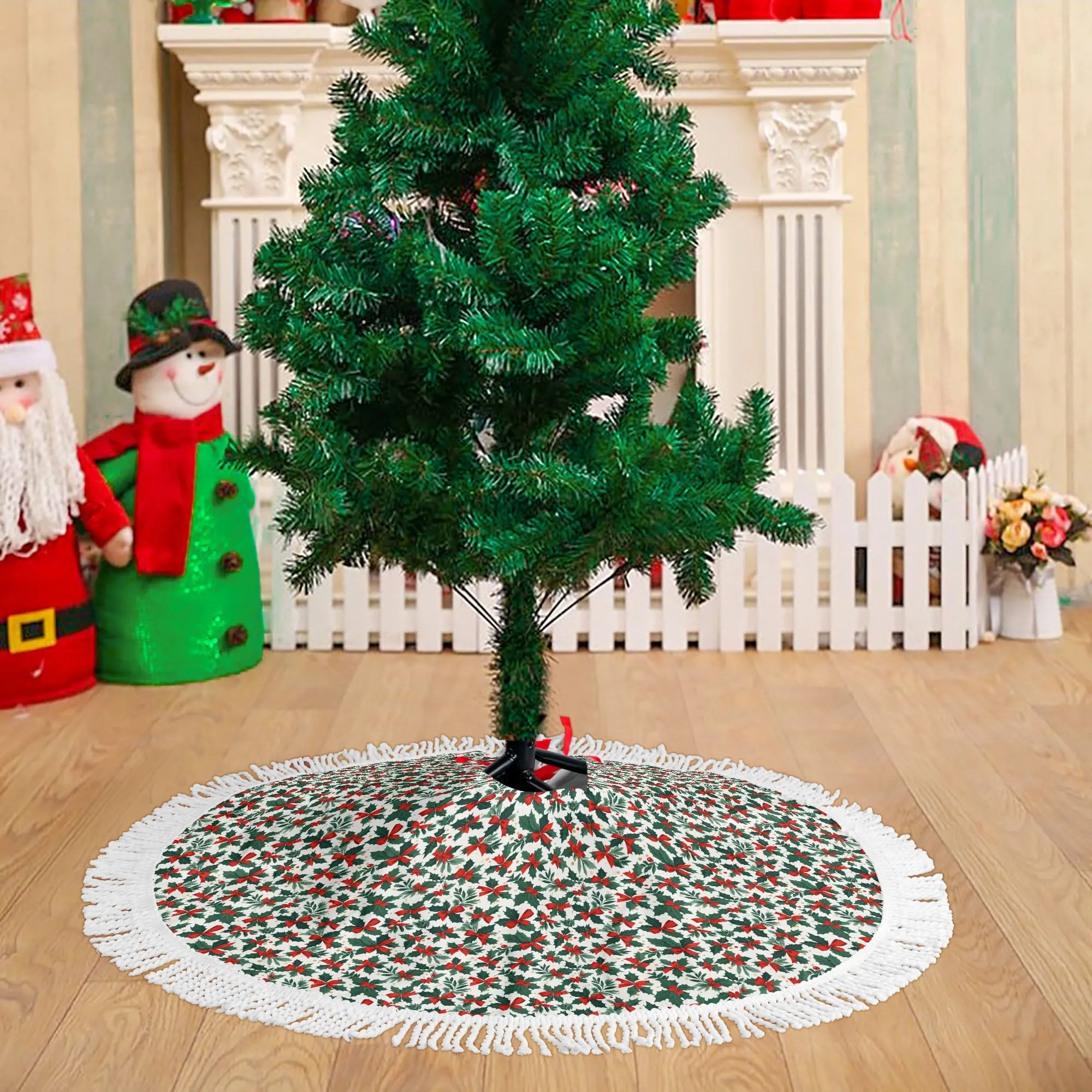 Holly Bow Fringed Christmas Tree Skirts