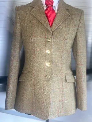 IN STOCK: Subtle Pale Sandy Green Tweed with red/ blue fine overcheck
