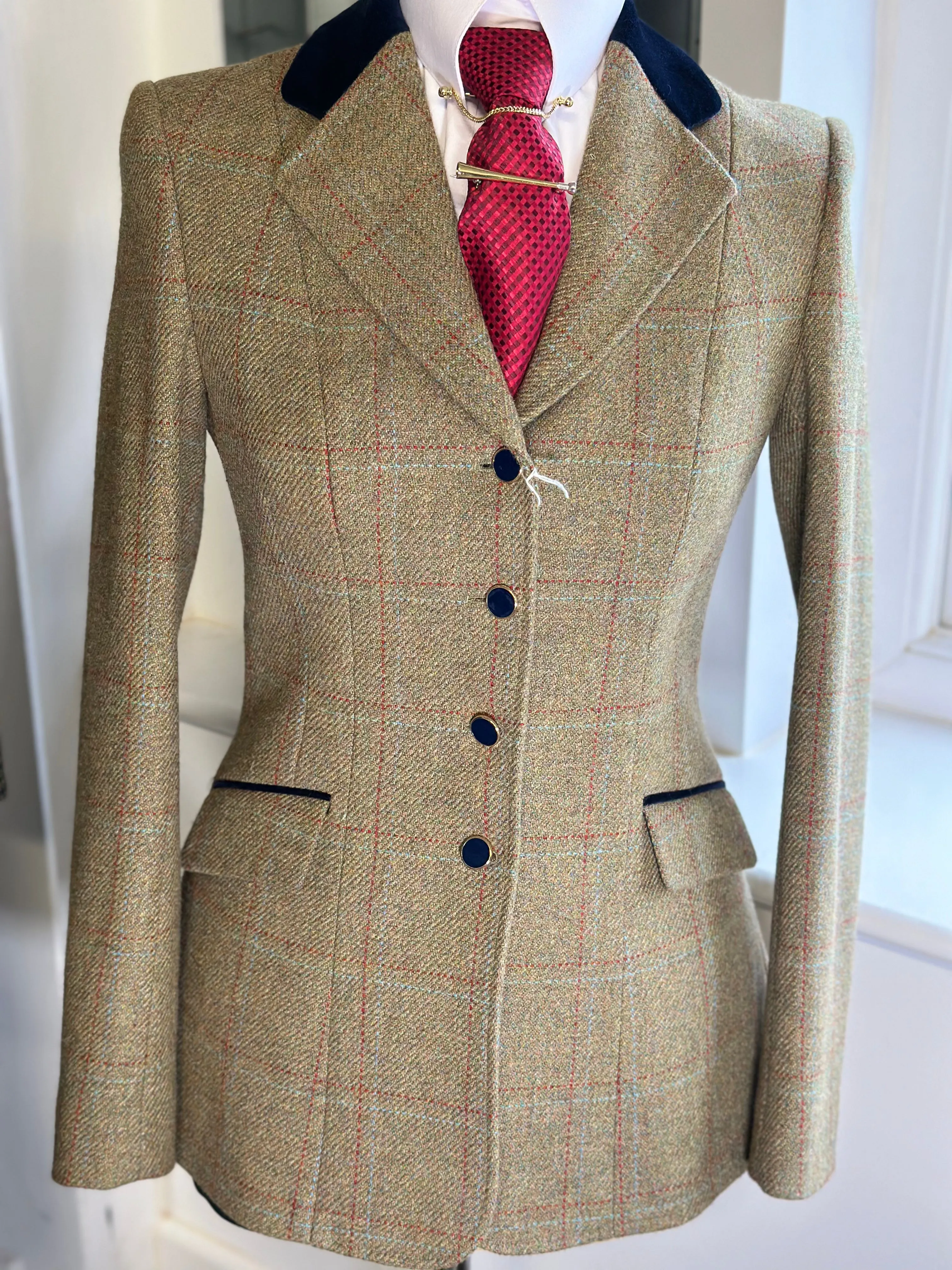 IN STOCK: Subtle Pale Sandy Green Tweed with red/ blue fine overcheck