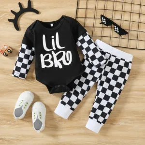 Infant Boys LIL BRO Letter Print Plaid Romper Two-piece Set Wholesale Baby Clothes