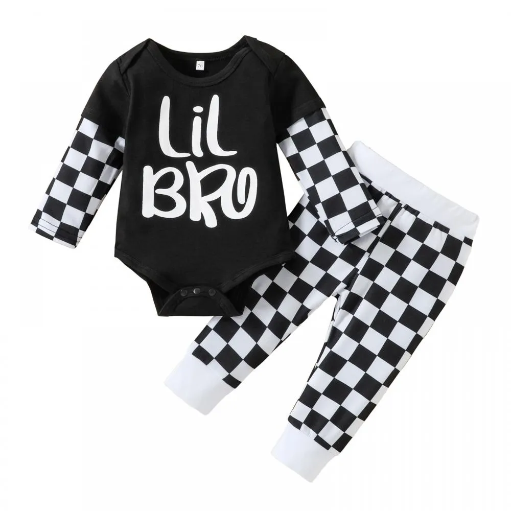 Infant Boys LIL BRO Letter Print Plaid Romper Two-piece Set Wholesale Baby Clothes