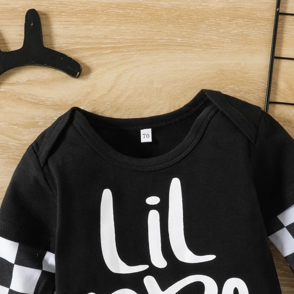Infant Boys LIL BRO Letter Print Plaid Romper Two-piece Set Wholesale Baby Clothes