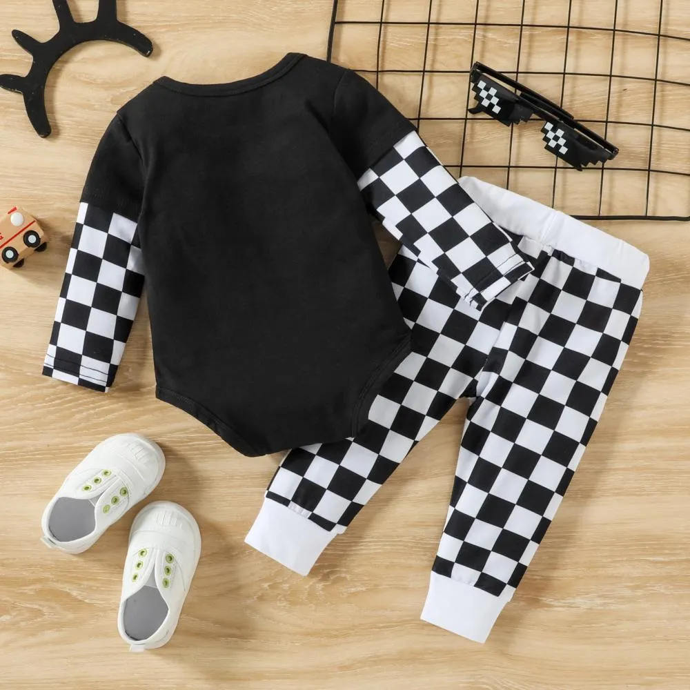 Infant Boys LIL BRO Letter Print Plaid Romper Two-piece Set Wholesale Baby Clothes