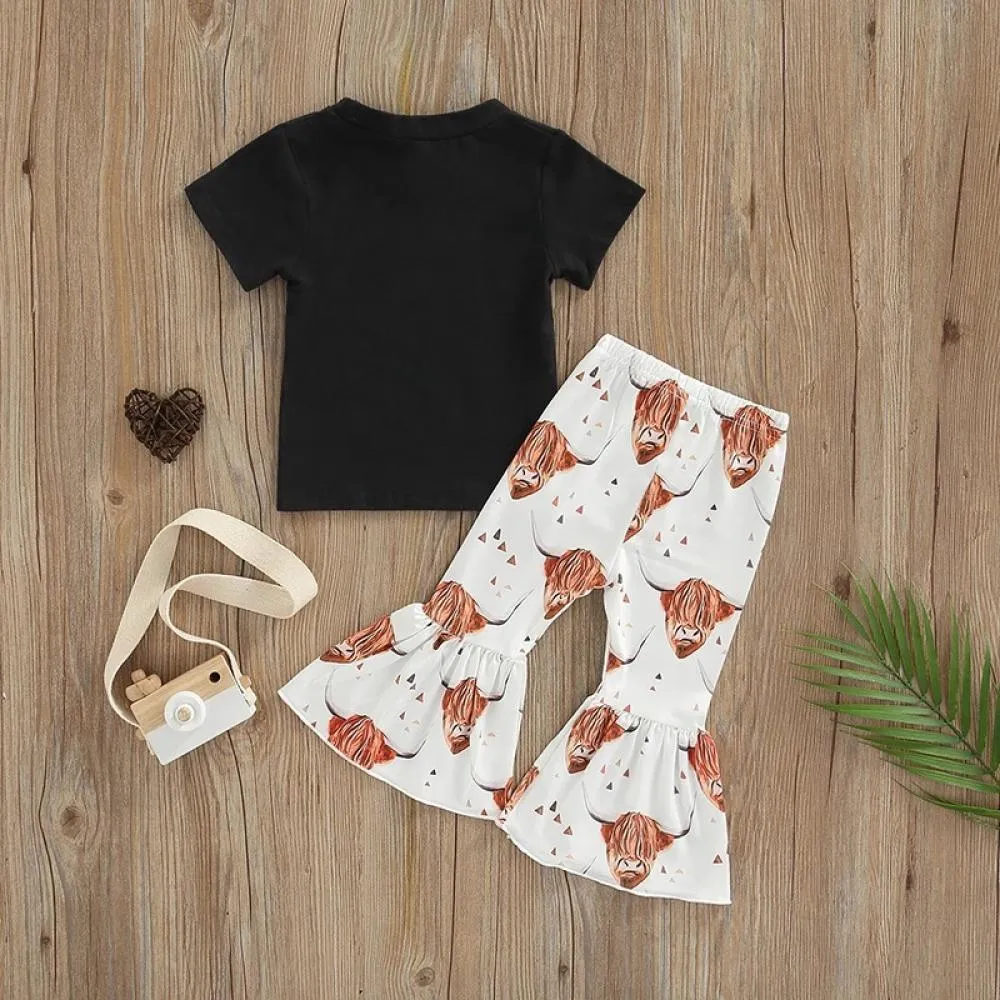 Kids Summer Girls Alphabet Print Flared Pants Set Wholesale Girls Clothing