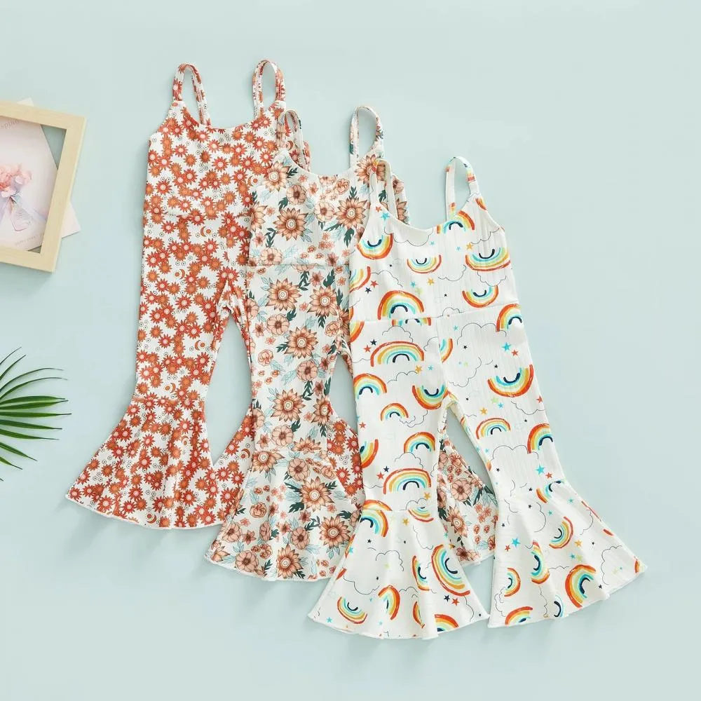 Kids Summer Girls Cartoon Rainbow Print Suspender Jumpsuit Wholesale Girls Clothing