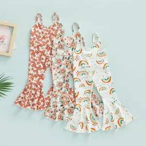 Kids Summer Girls Cartoon Rainbow Print Suspender Jumpsuit Wholesale Girls Clothing