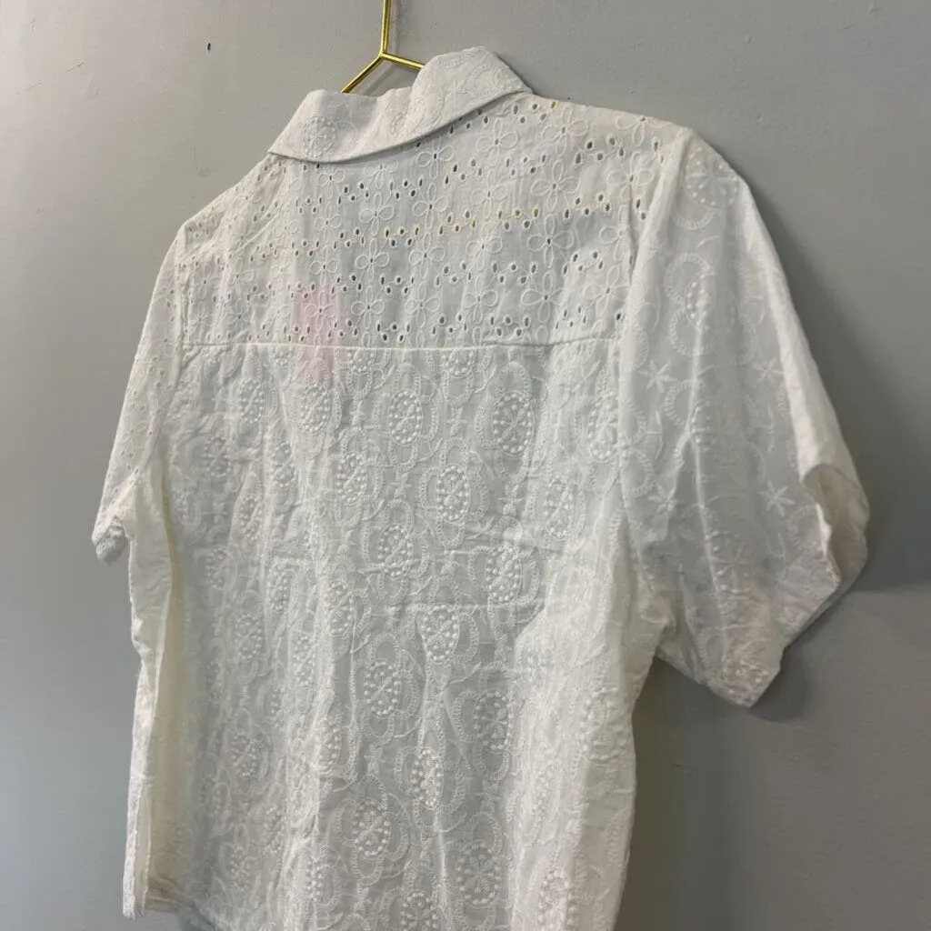 Kirious White Eyelet Lace Short Sleeve Button Down Top Large