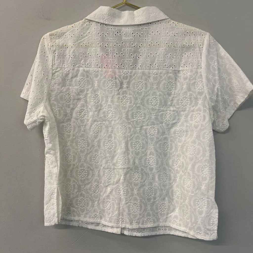 Kirious White Eyelet Lace Short Sleeve Button Down Top Large