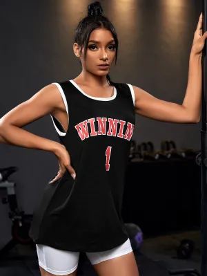Letter Graphic Contrast Binding Sports Tank Top SS23