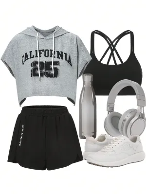Letter Graphic Drawstring Hooded Sports Set