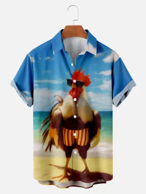 Men's Cock Rooster on the Beach Short Sleeve Shirt