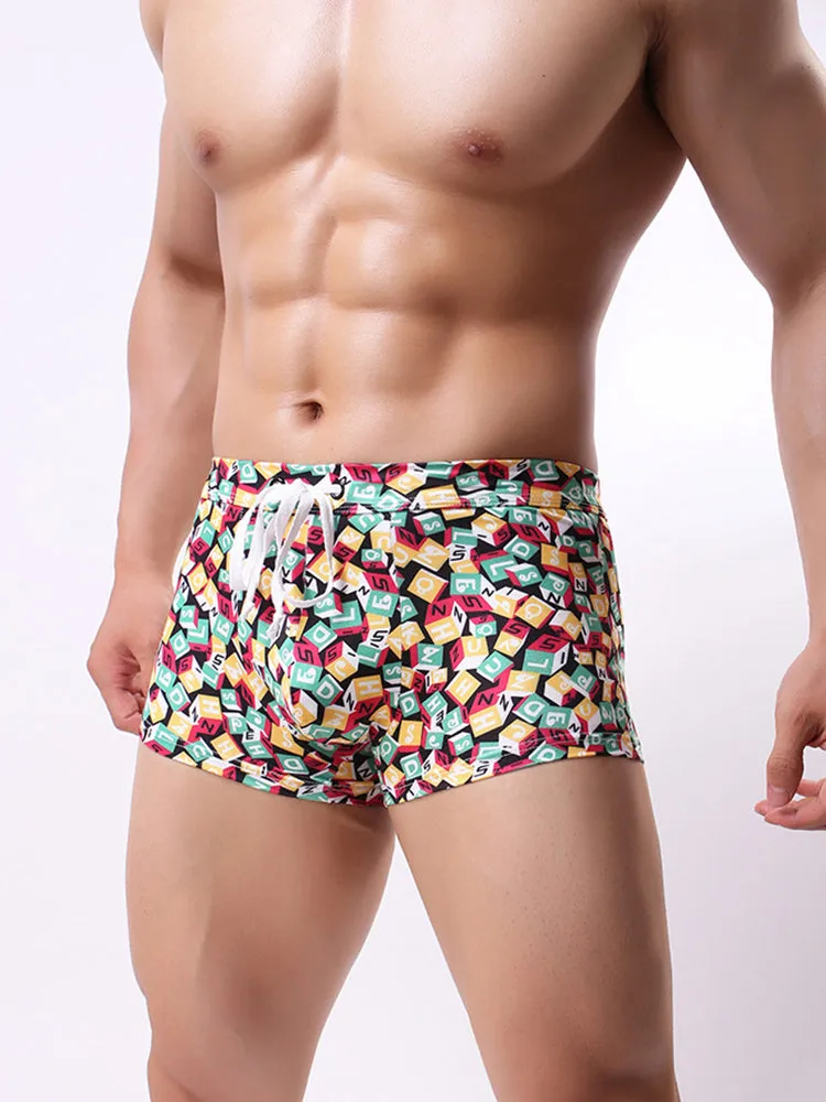 Men's Printed Skinny Swim Trunks With Drawstring