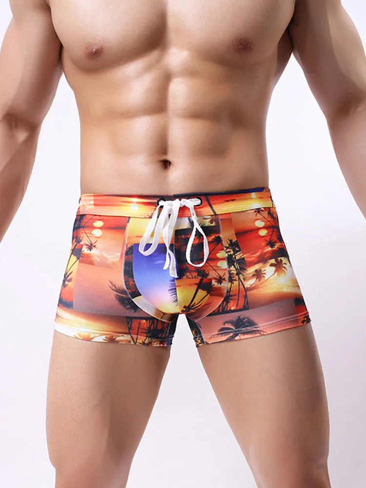Men's Printed Skinny Swim Trunks With Drawstring