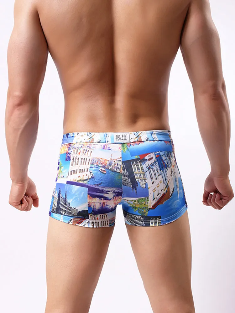 Men's Printed Skinny Swim Trunks With Drawstring
