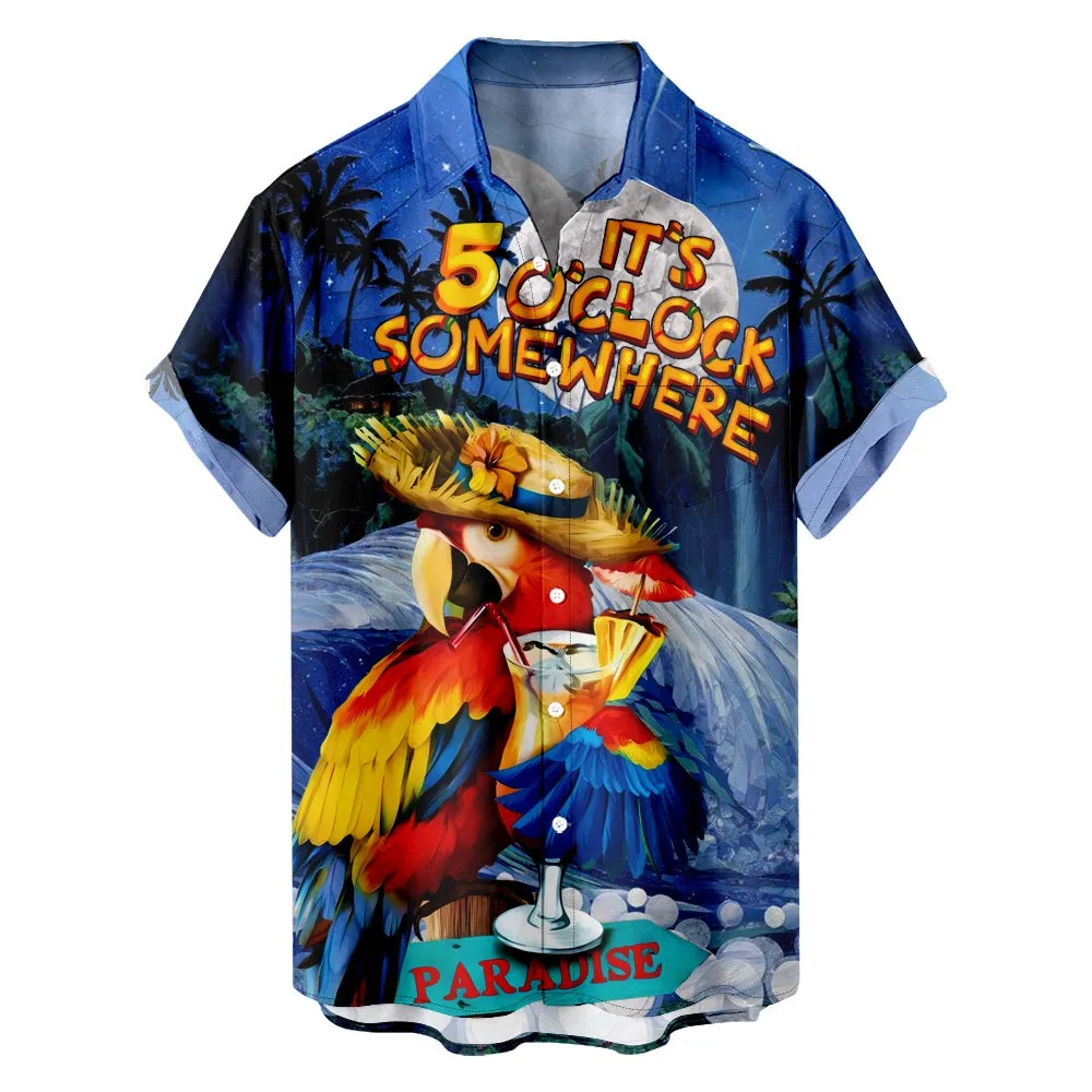 Men's Retro Parrot Vacation Palm Trees Drink Short Sleeve Shirt