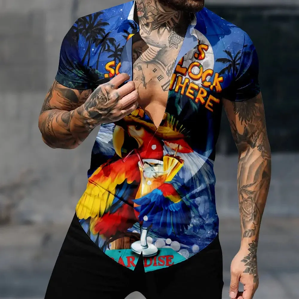 Men's Retro Parrot Vacation Palm Trees Drink Short Sleeve Shirt