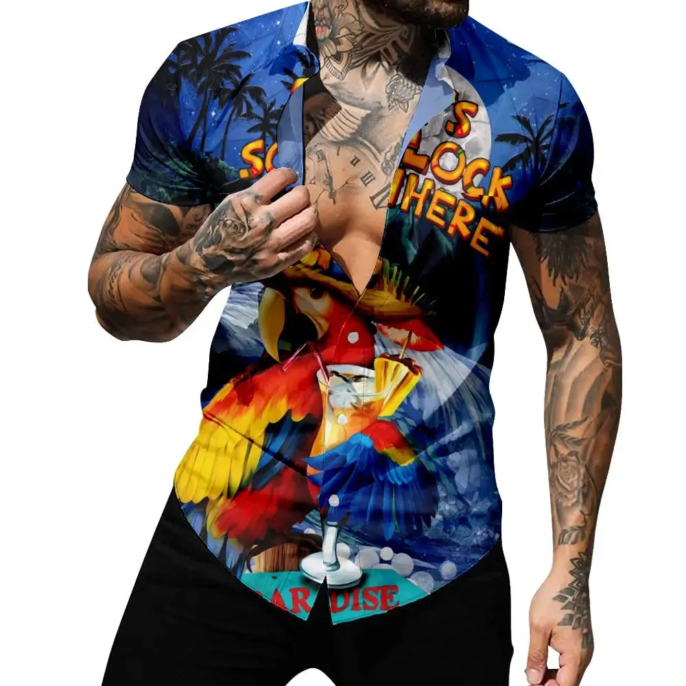 Men's Retro Parrot Vacation Palm Trees Drink Short Sleeve Shirt
