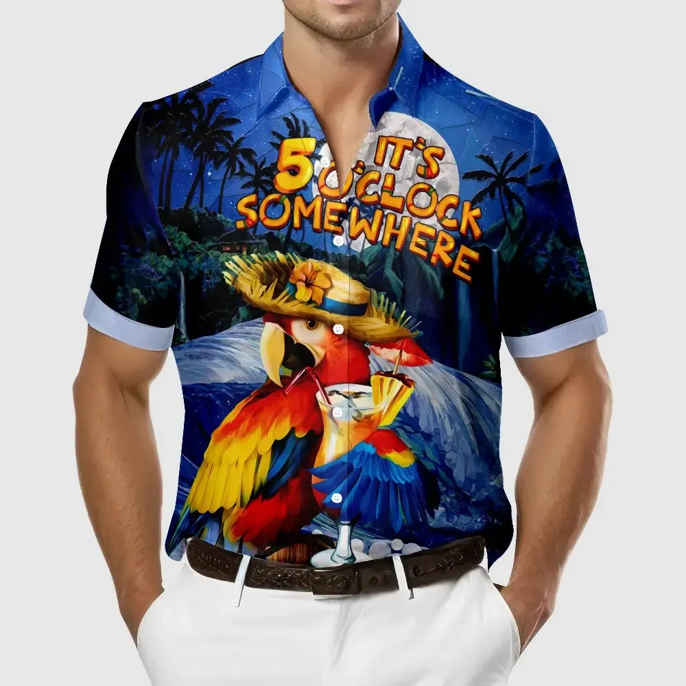 Men's Retro Parrot Vacation Palm Trees Drink Short Sleeve Shirt