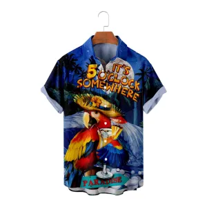 Men's Retro Parrot Vacation Palm Trees Drink Short Sleeve Shirt