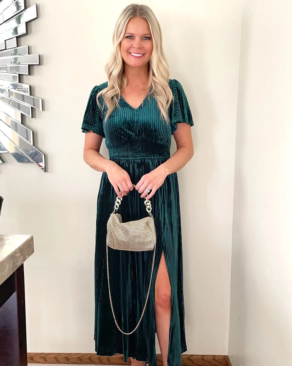 MEROKEETY Short Sleeve V Neck Side Slit Velvet Maxi Dress
