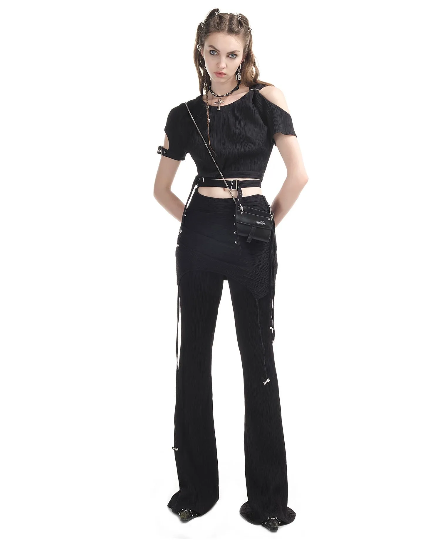 Open-shoulder Nichi Belt Cropped Cool Tops&Pants