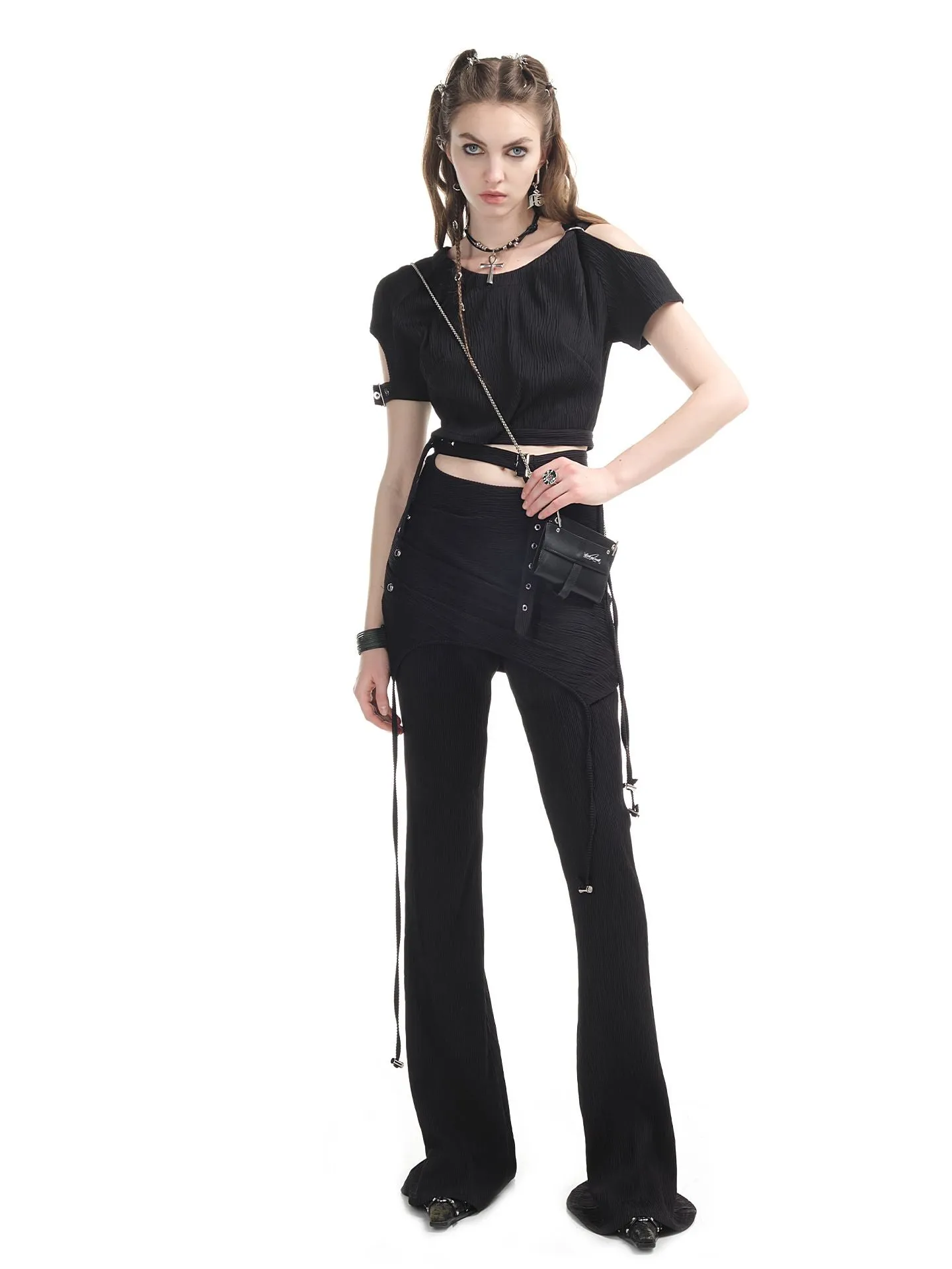 Open-shoulder Nichi Belt Cropped Cool Tops&Pants