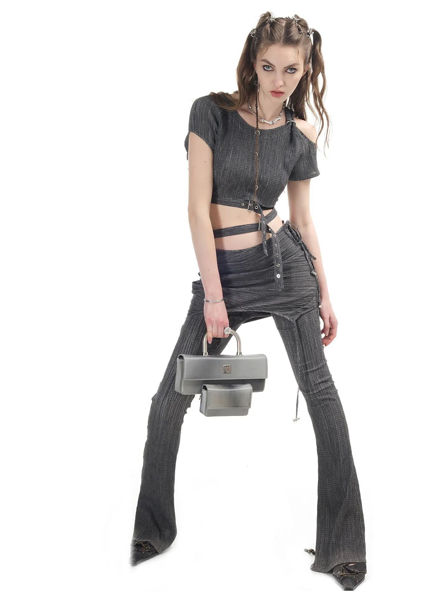 Open-shoulder Nichi Belt Cropped Cool Tops&Pants