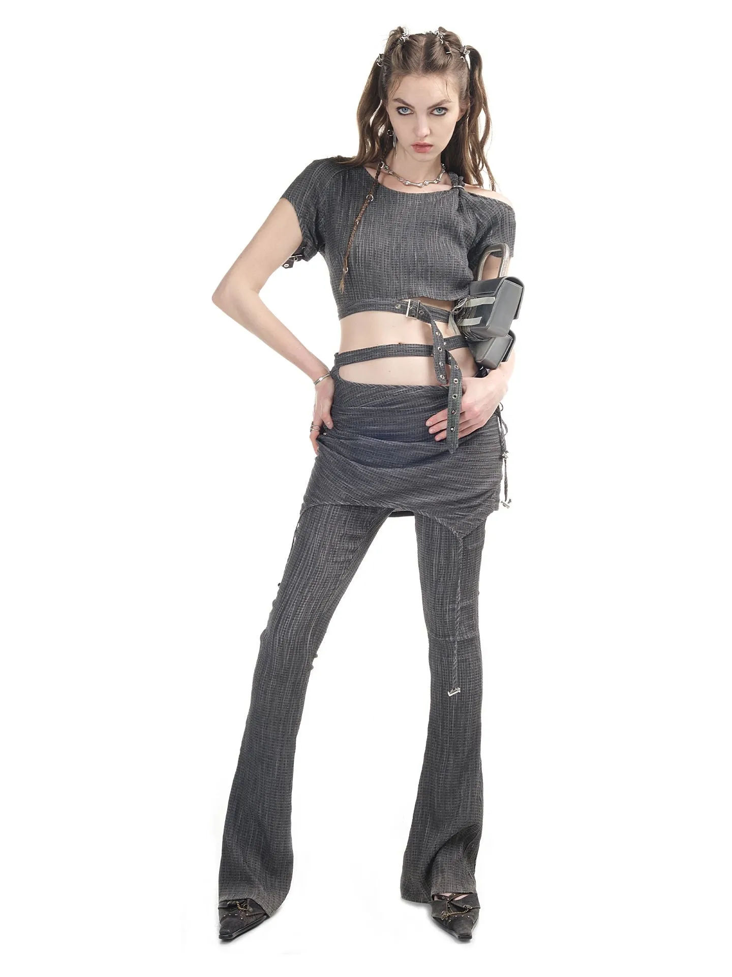 Open-shoulder Nichi Belt Cropped Cool Tops&Pants