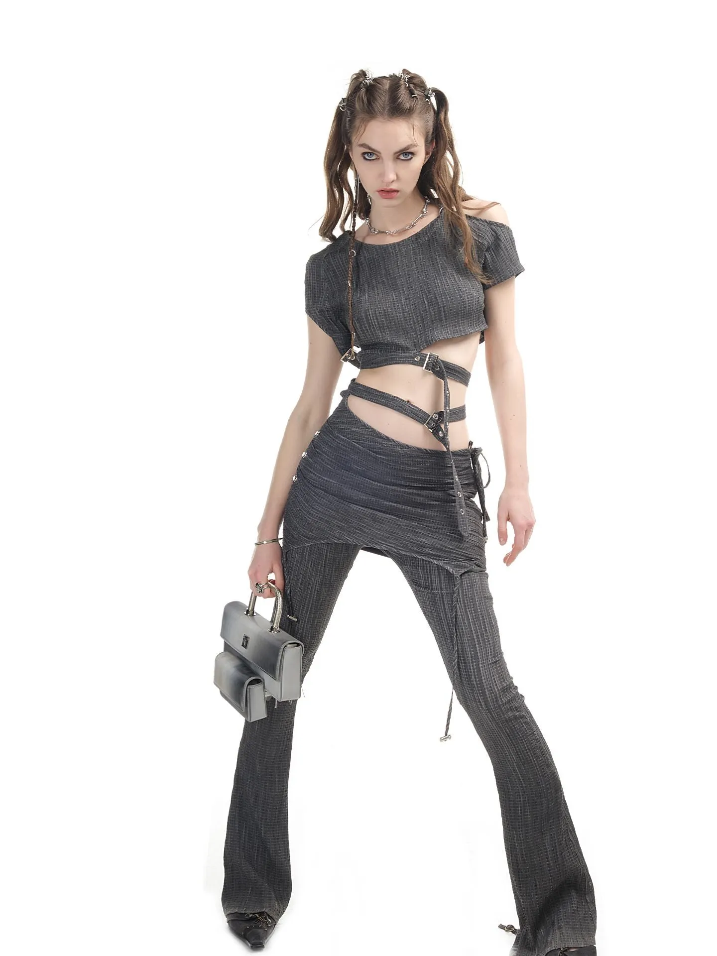 Open-shoulder Nichi Belt Cropped Cool Tops&Pants