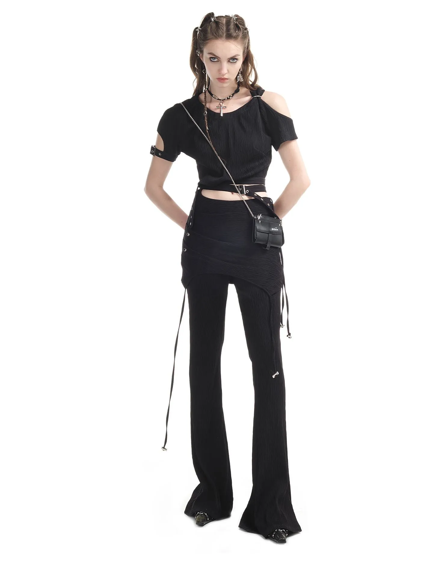 Open-shoulder Nichi Belt Cropped Cool Tops&Pants