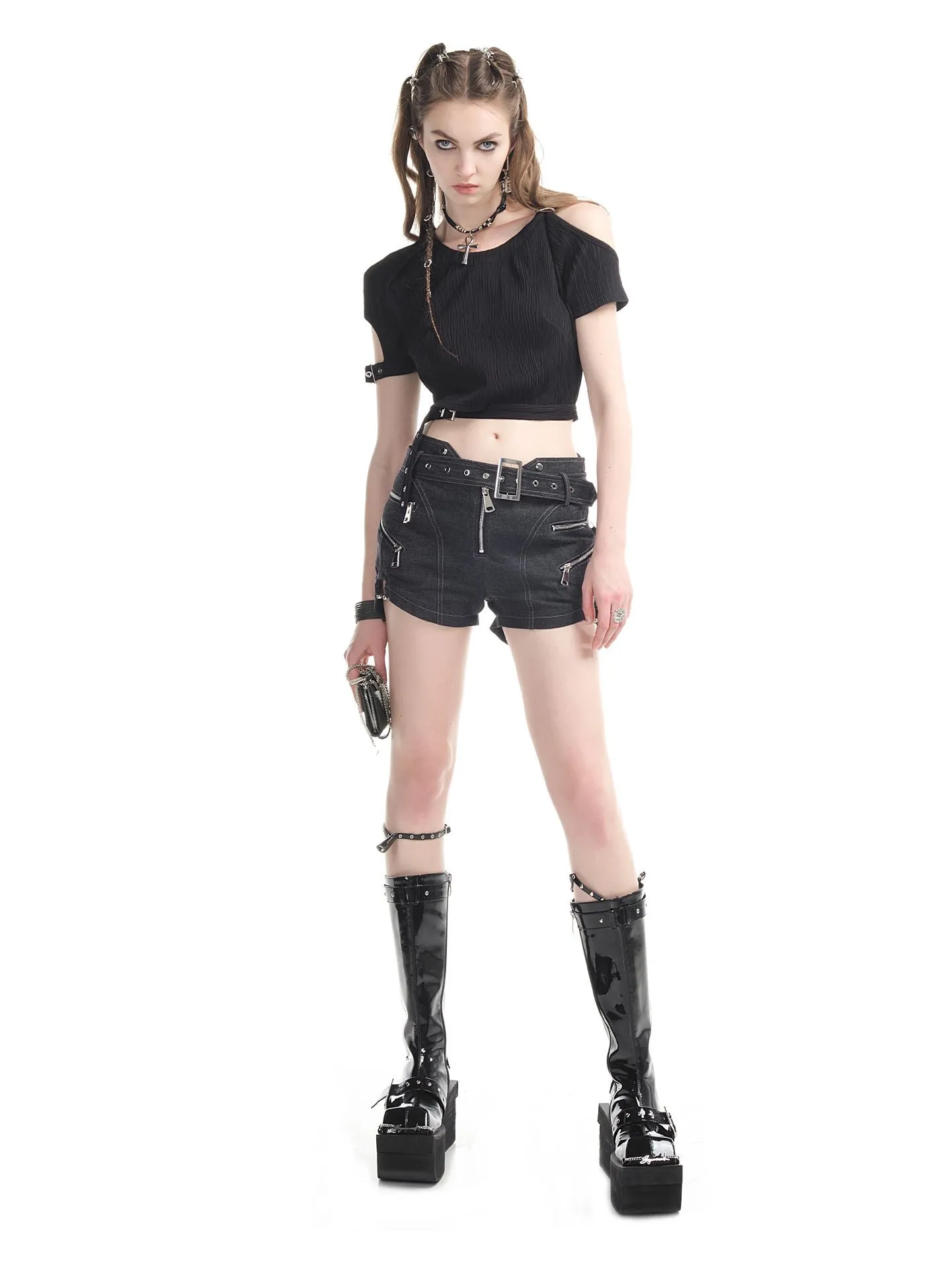 Open-shoulder Nichi Belt Cropped Cool Tops&Pants