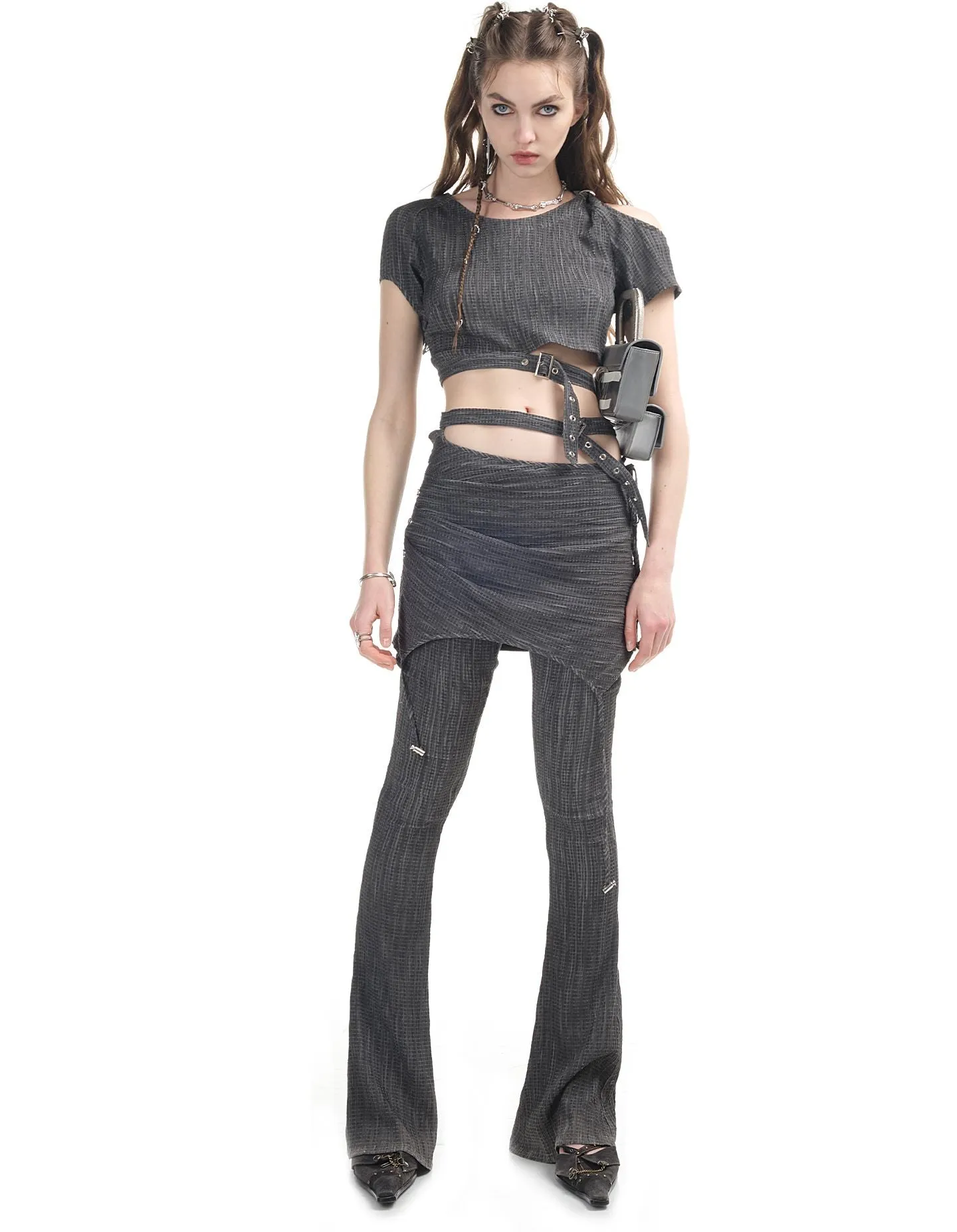 Open-shoulder Nichi Belt Cropped Cool Tops&Pants