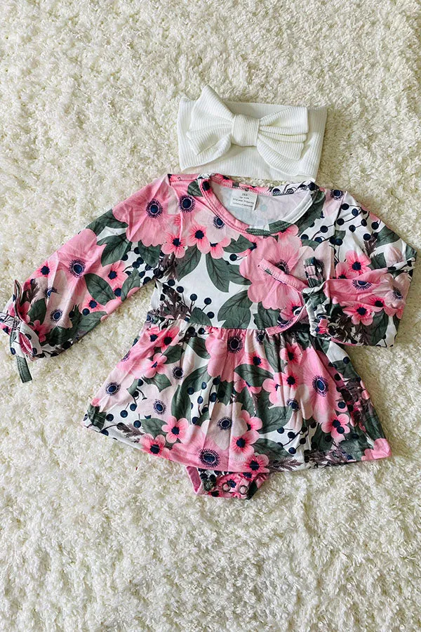 Pink long sleeve floral print infant onesie baby girls ropmers 12004MZ