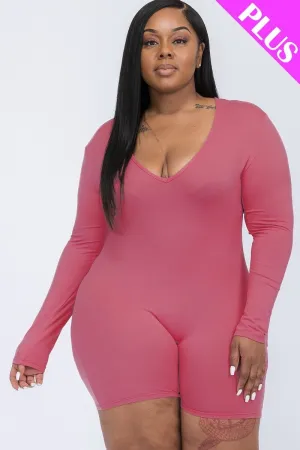 Plus Size Dark Mauve Pink V neck Long Sleeve one piece Bodycon Romper