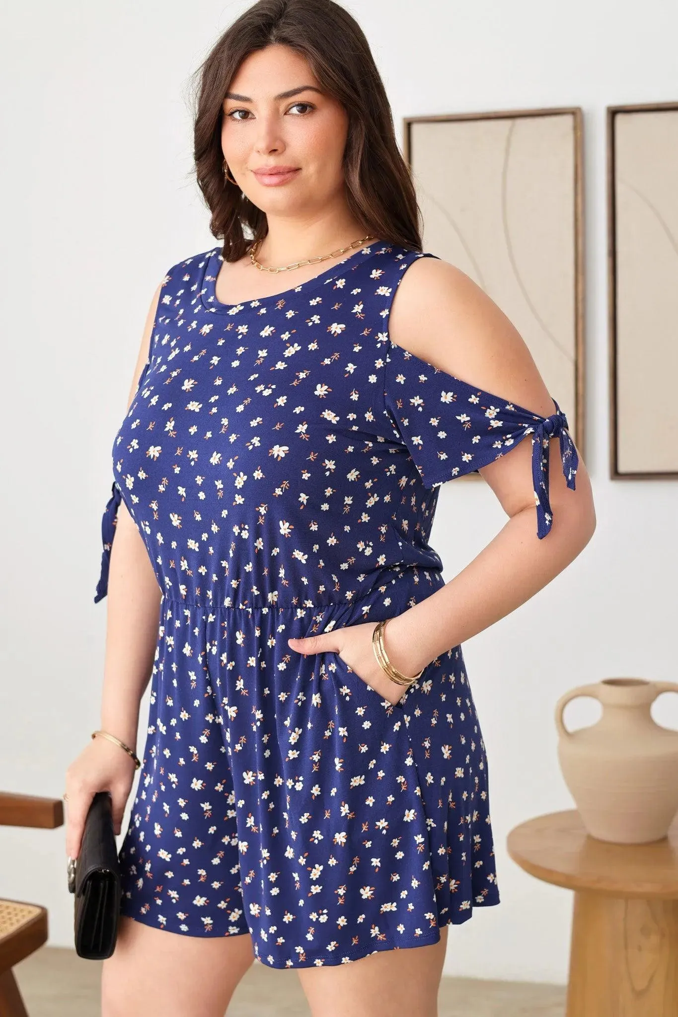 Plus Size Floral Print Shoulder Knot Tie Sleeve Romper