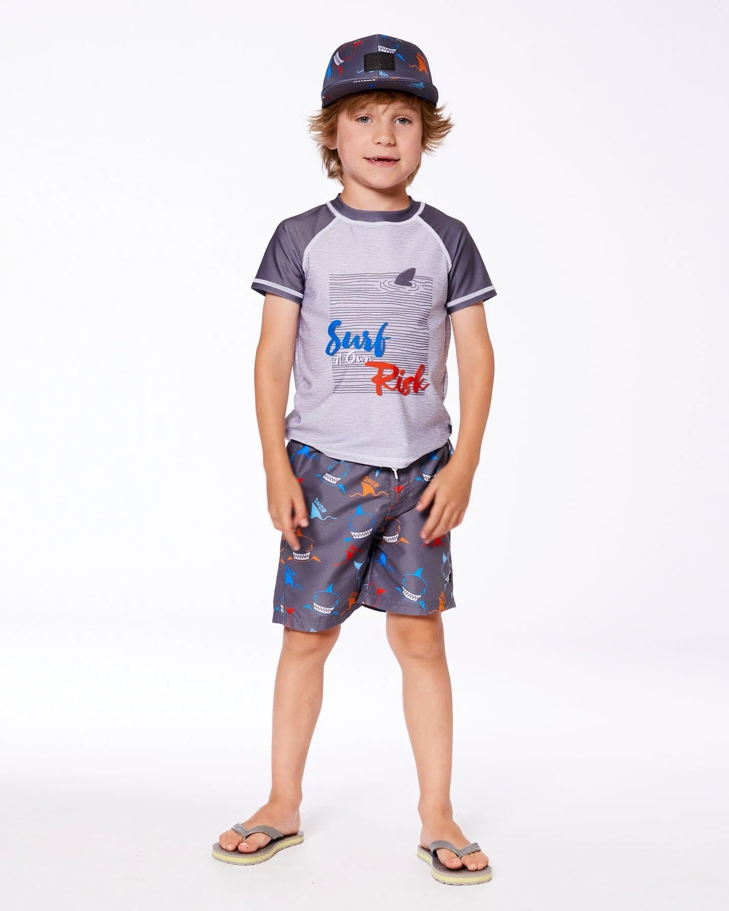 Printed Boardshorts Orange, Red, And Blue Sharks On Gray