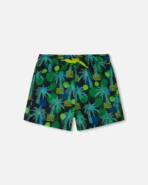 Printed Swim Trunks Green Jungle On Black