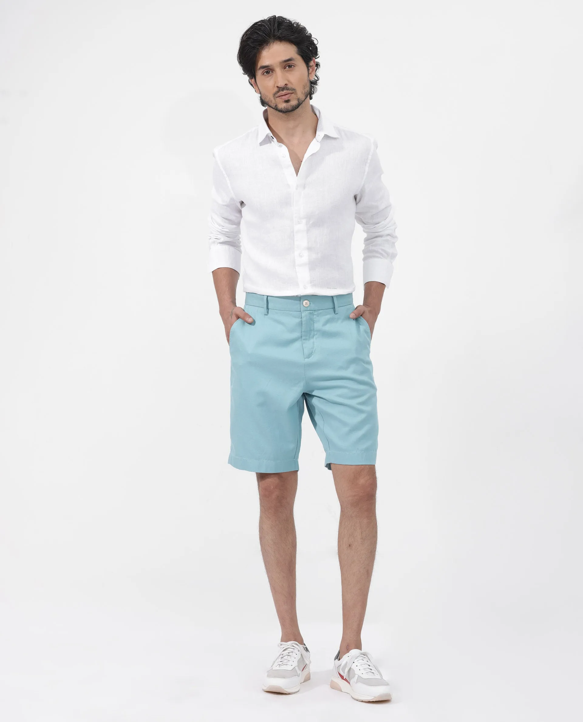 Rare Rabbit Men's Edam Turq Lyocell Cotton Linen Fabric Knee Length Relaxed Fit Solid Shorts