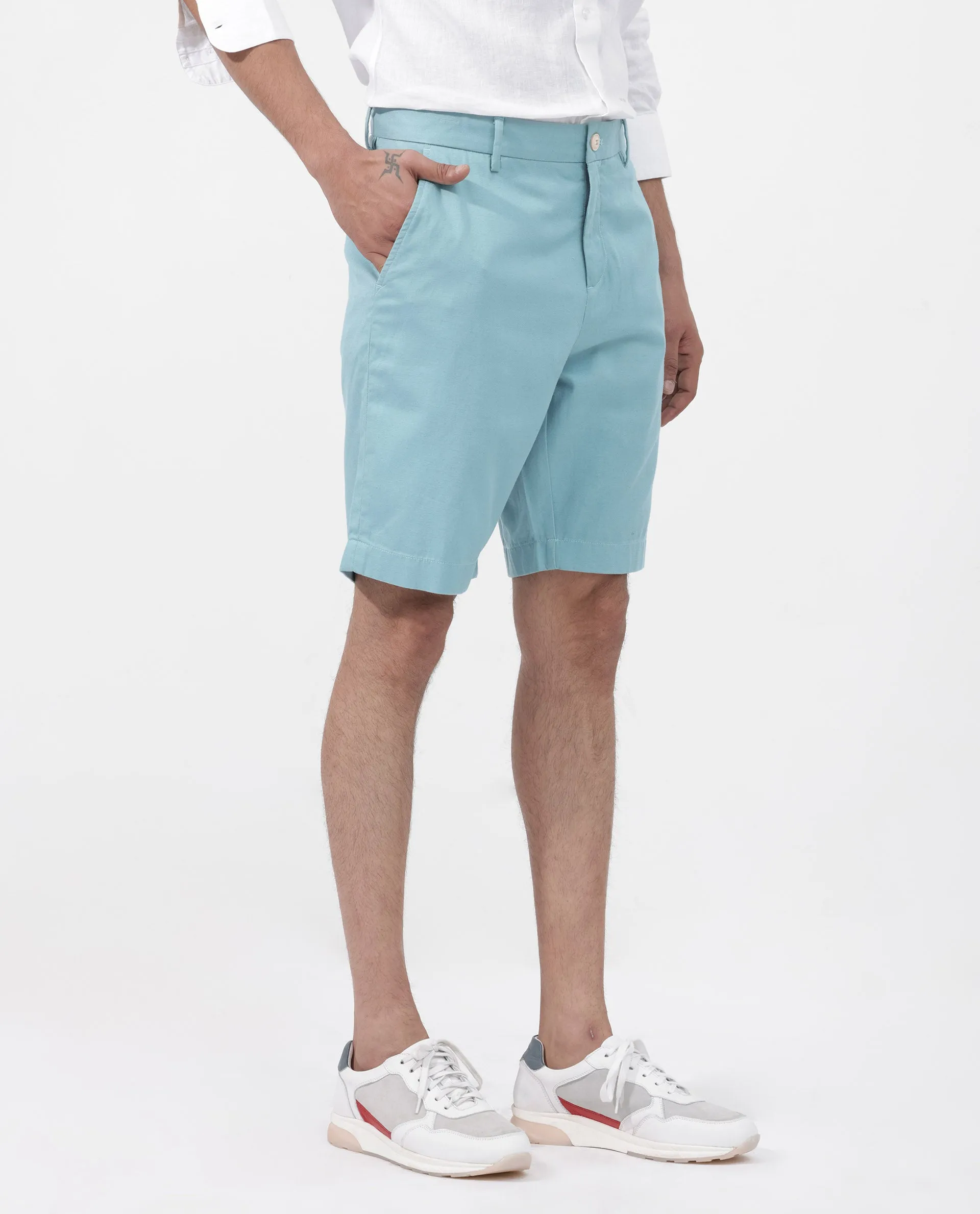 Rare Rabbit Men's Edam Turq Lyocell Cotton Linen Fabric Knee Length Relaxed Fit Solid Shorts