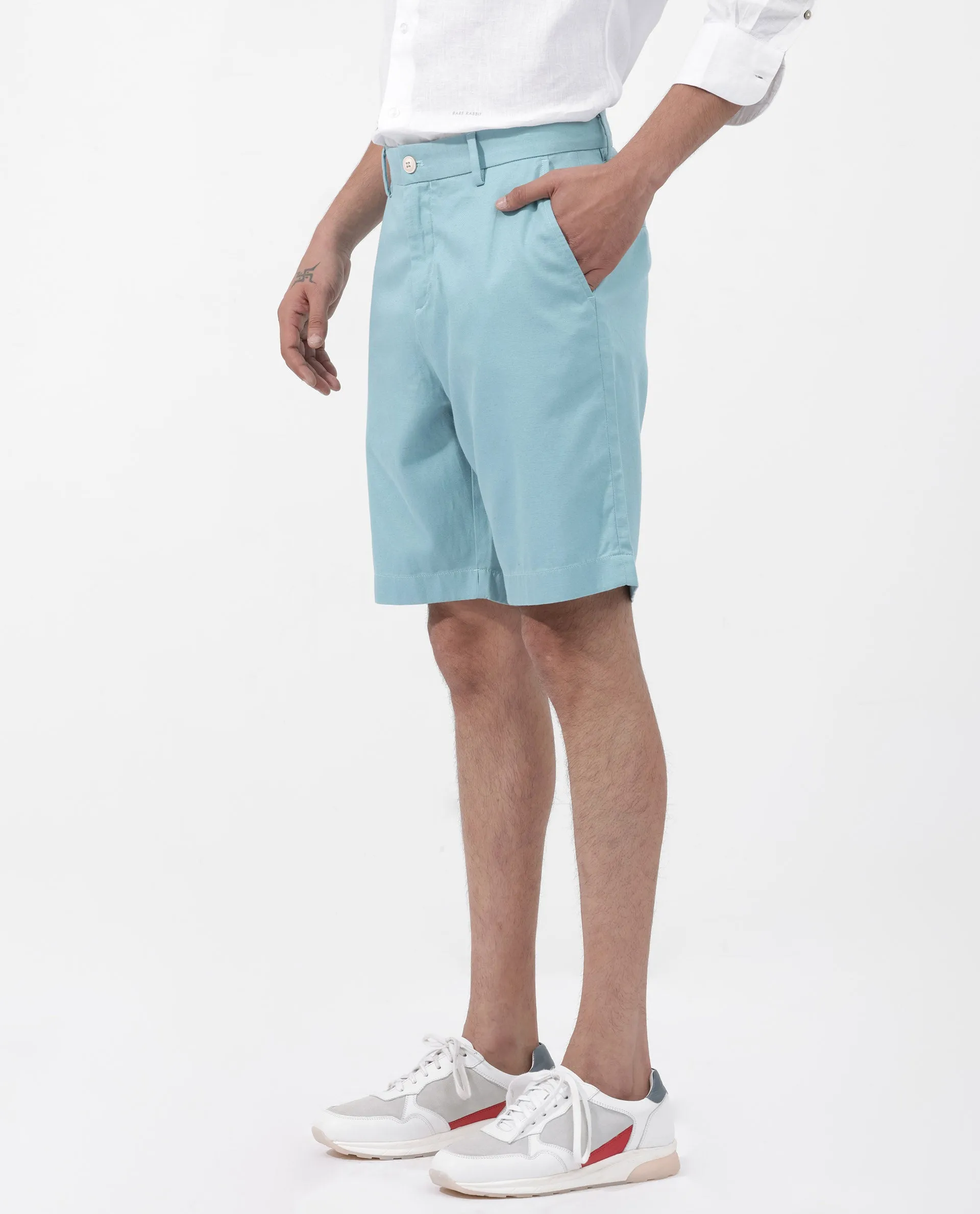 Rare Rabbit Men's Edam Turq Lyocell Cotton Linen Fabric Knee Length Relaxed Fit Solid Shorts