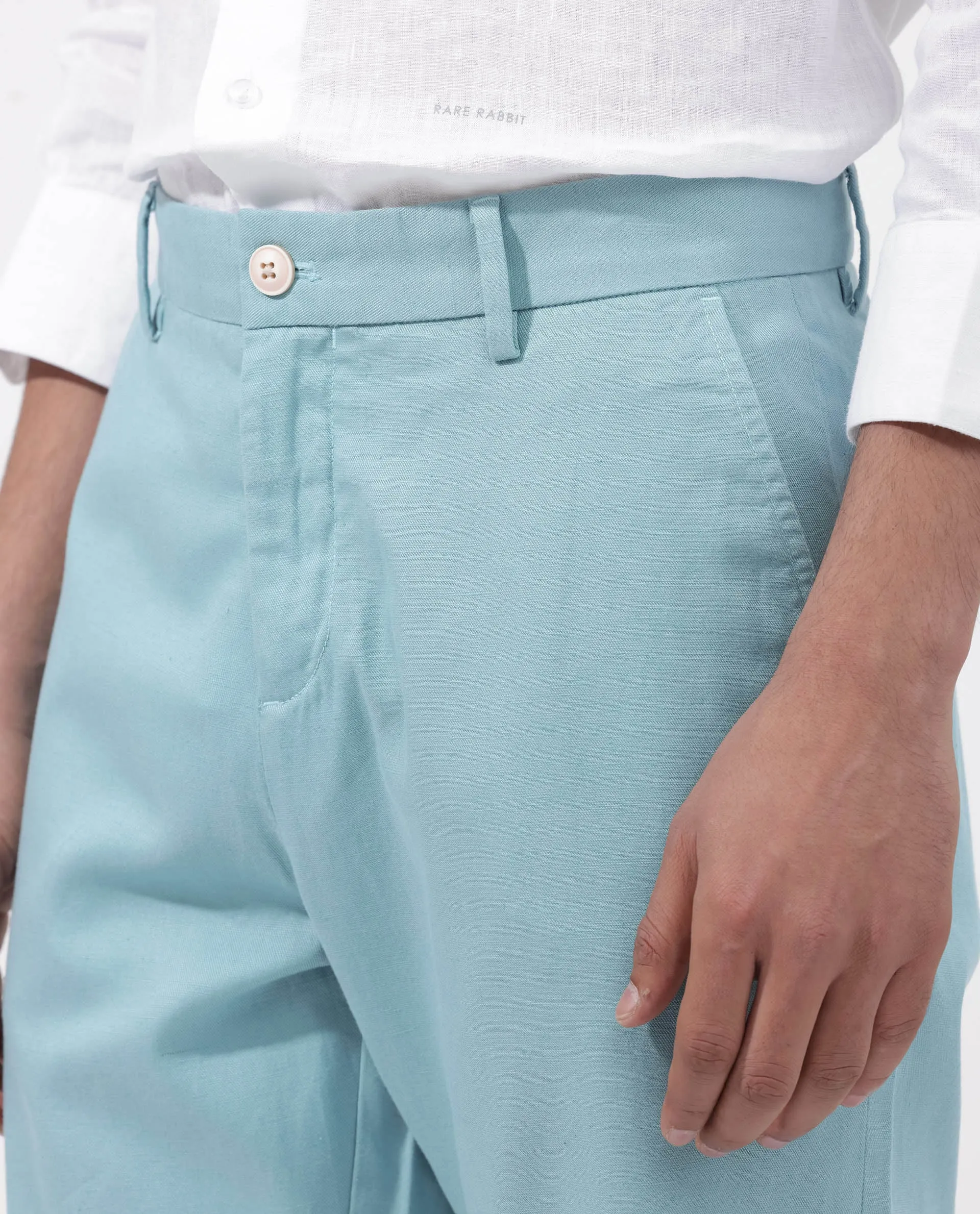 Rare Rabbit Men's Edam Turq Lyocell Cotton Linen Fabric Knee Length Relaxed Fit Solid Shorts