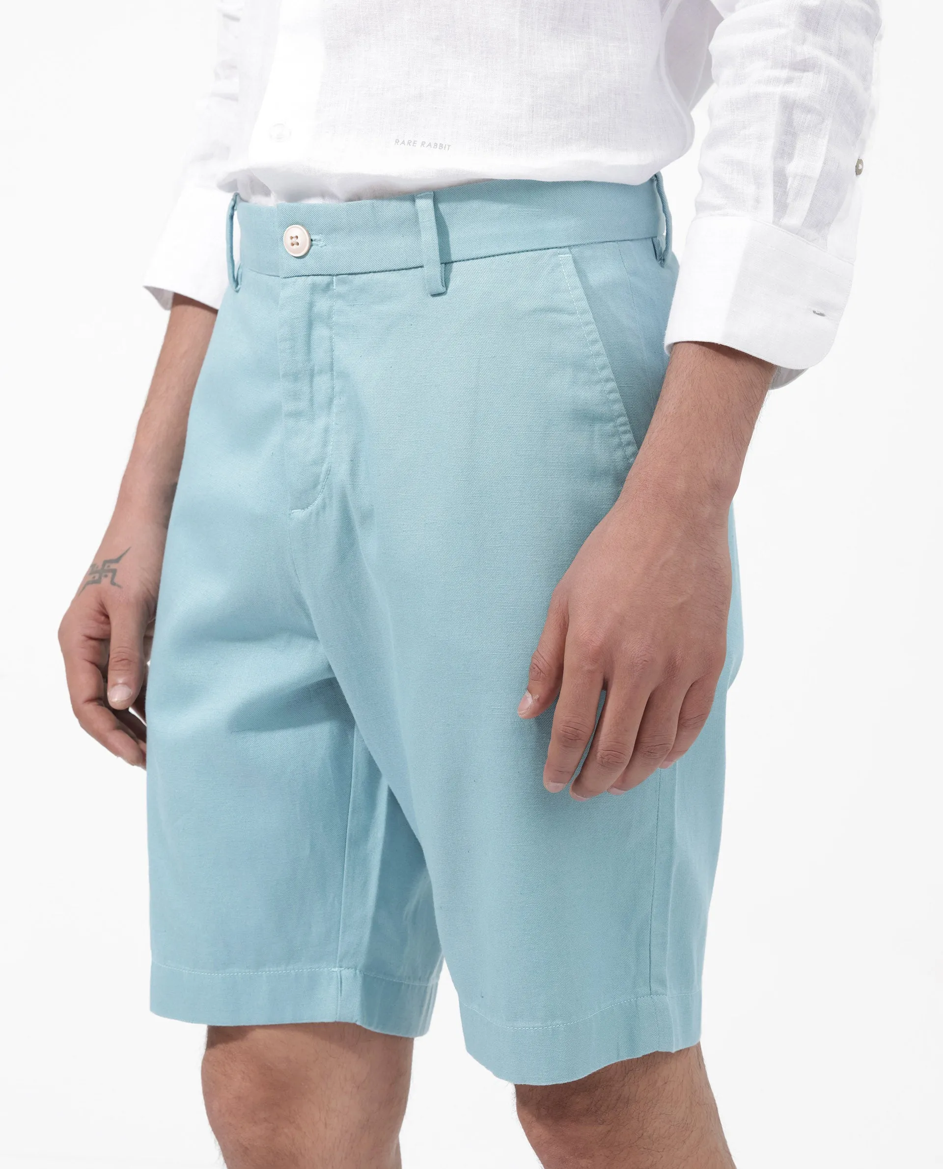 Rare Rabbit Men's Edam Turq Lyocell Cotton Linen Fabric Knee Length Relaxed Fit Solid Shorts