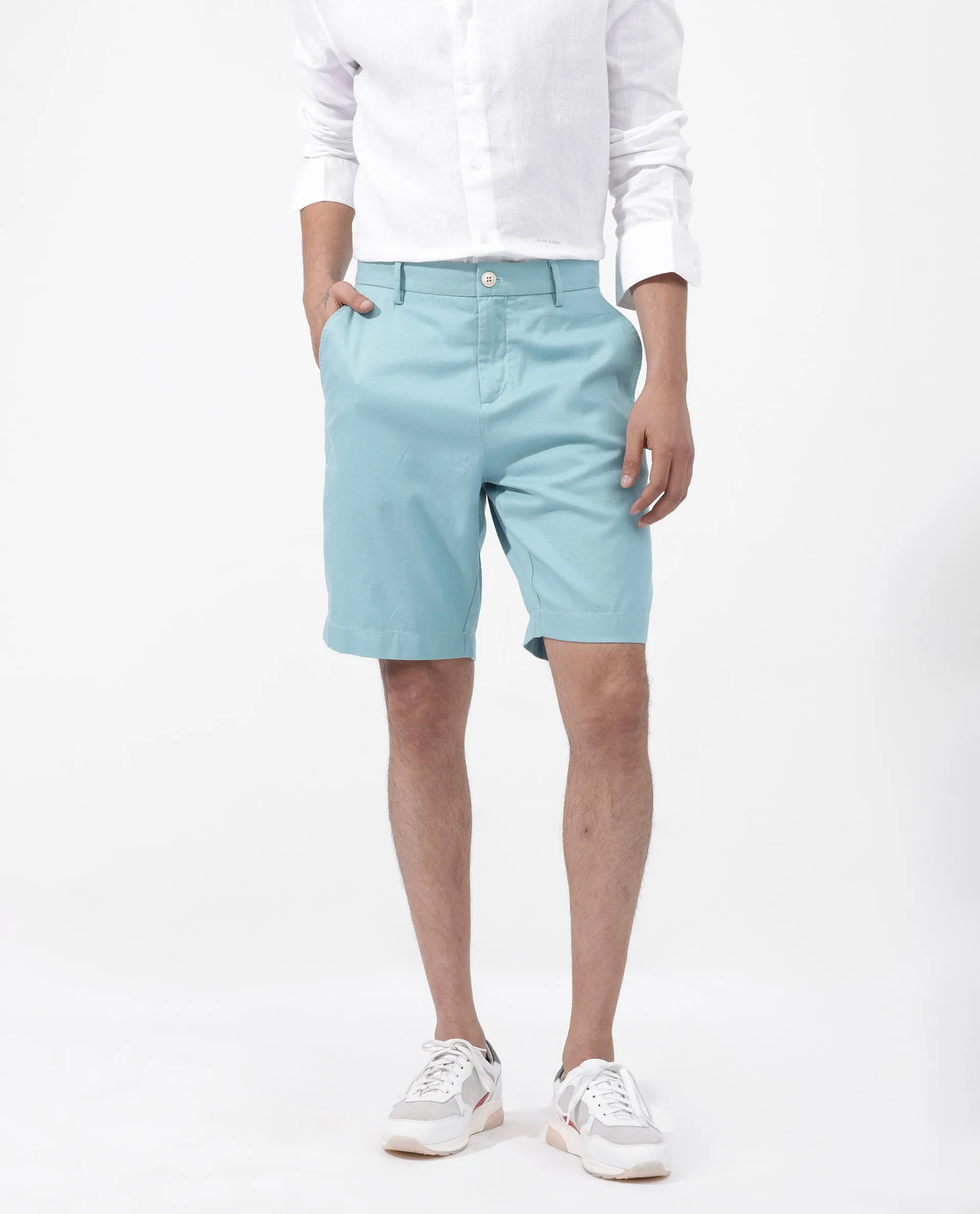 Rare Rabbit Men's Edam Turq Lyocell Cotton Linen Fabric Knee Length Relaxed Fit Solid Shorts