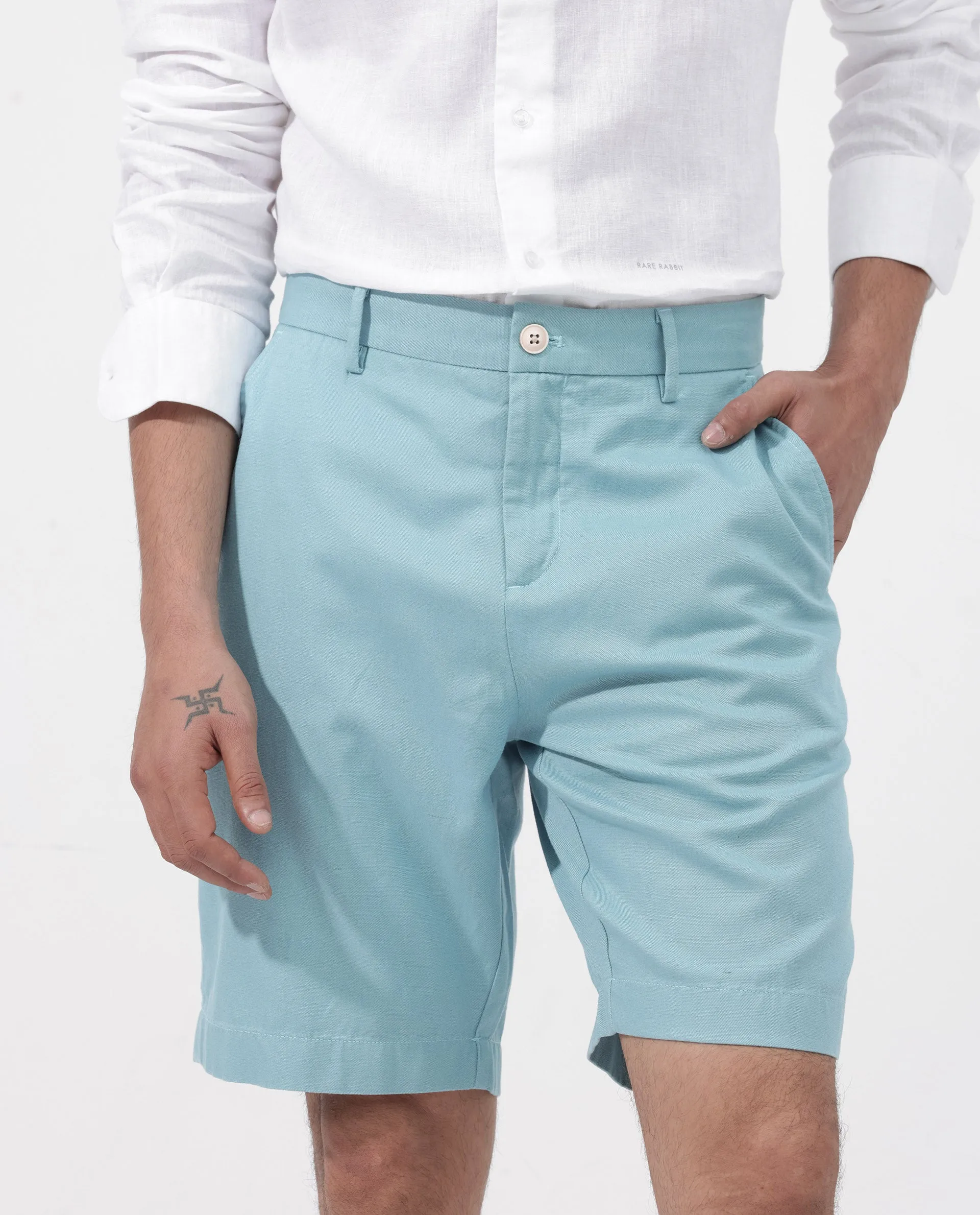 Rare Rabbit Men's Edam Turq Lyocell Cotton Linen Fabric Knee Length Relaxed Fit Solid Shorts