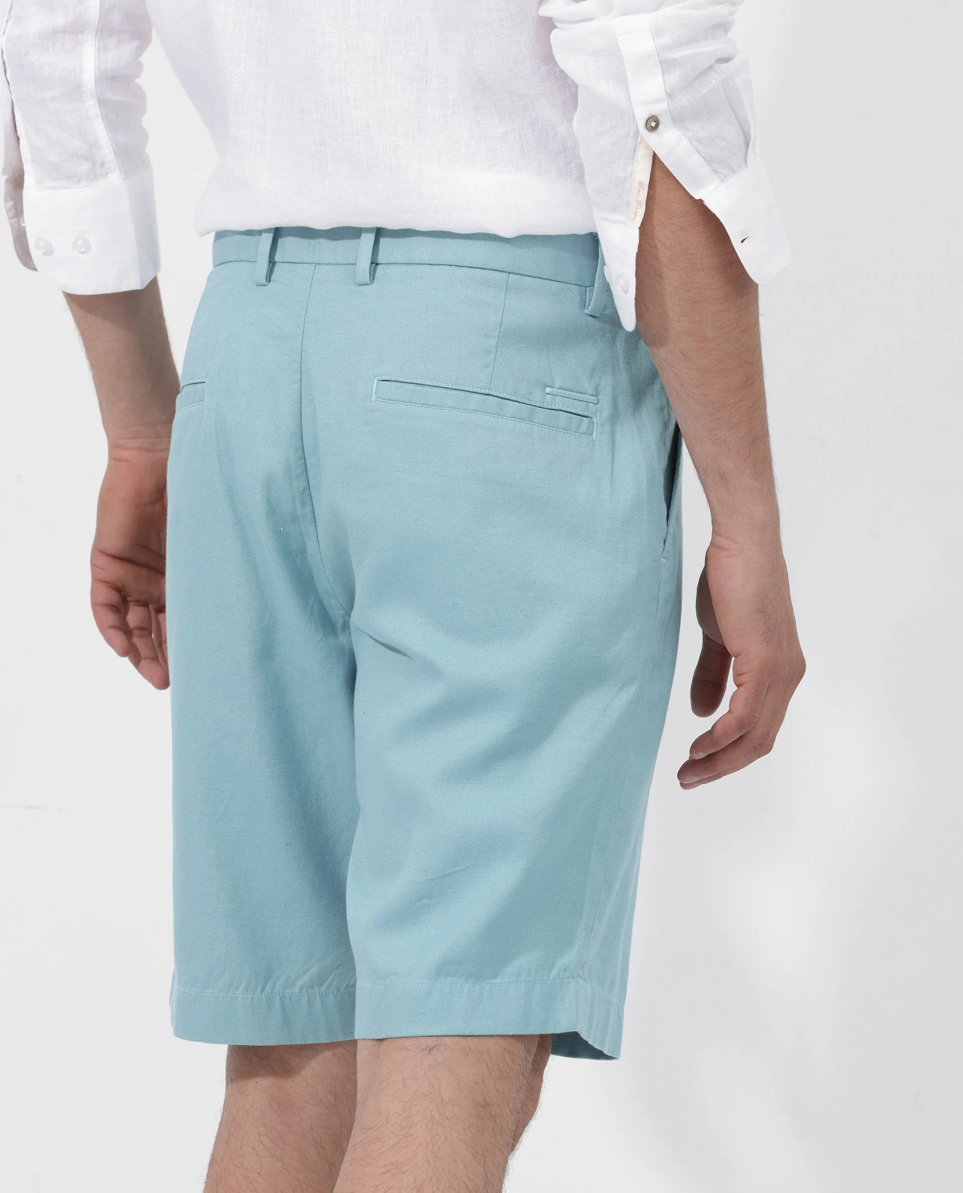 Rare Rabbit Men's Edam Turq Lyocell Cotton Linen Fabric Knee Length Relaxed Fit Solid Shorts