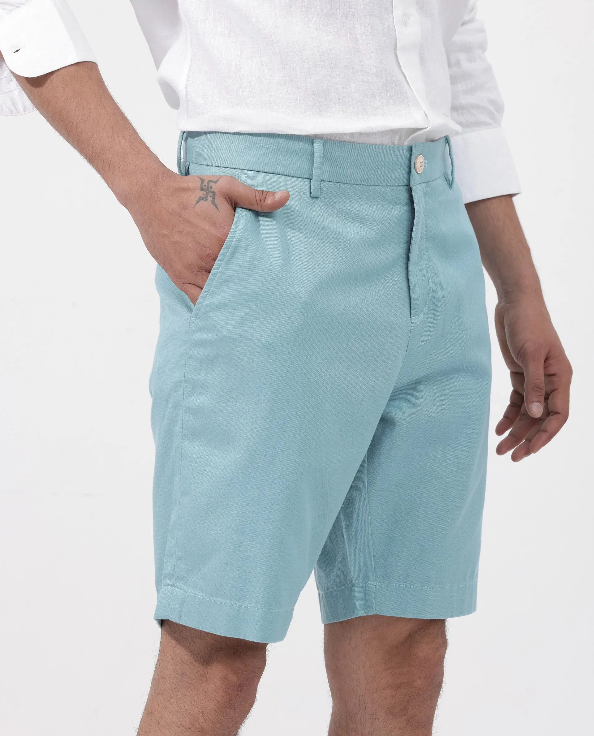 Rare Rabbit Men's Edam Turq Lyocell Cotton Linen Fabric Knee Length Relaxed Fit Solid Shorts