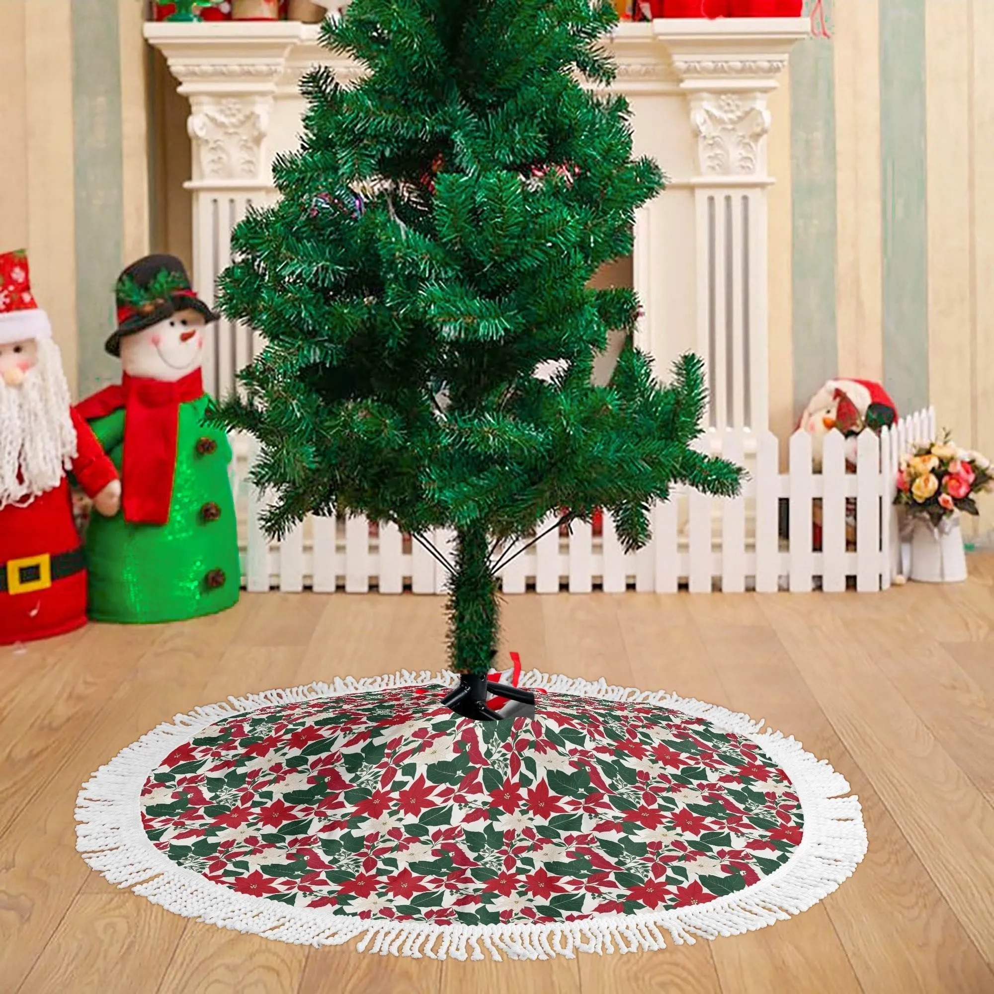 Red and White Poinsettia Flower Fringed Christmas Tree Skirts