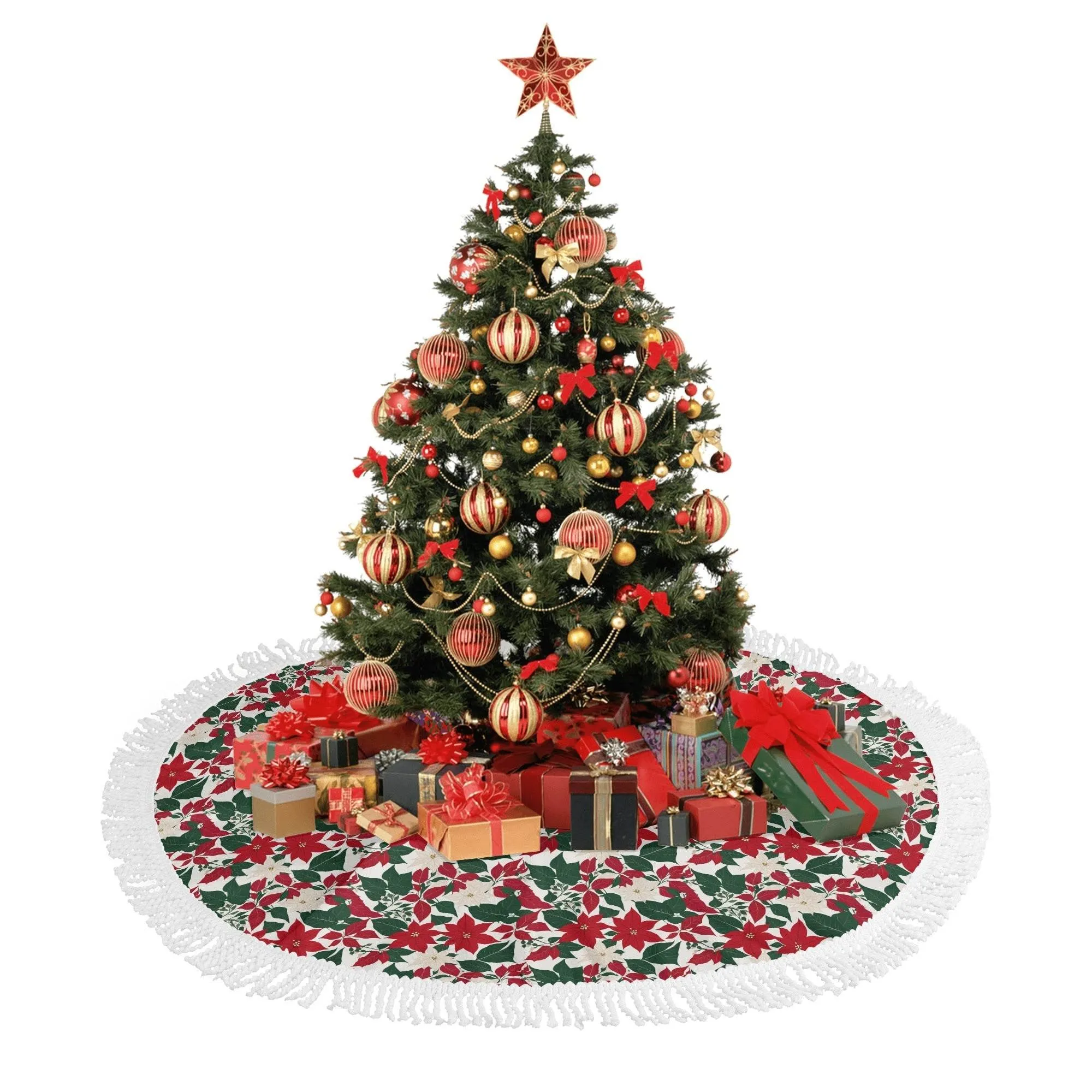Red and White Poinsettia Flower Fringed Christmas Tree Skirts